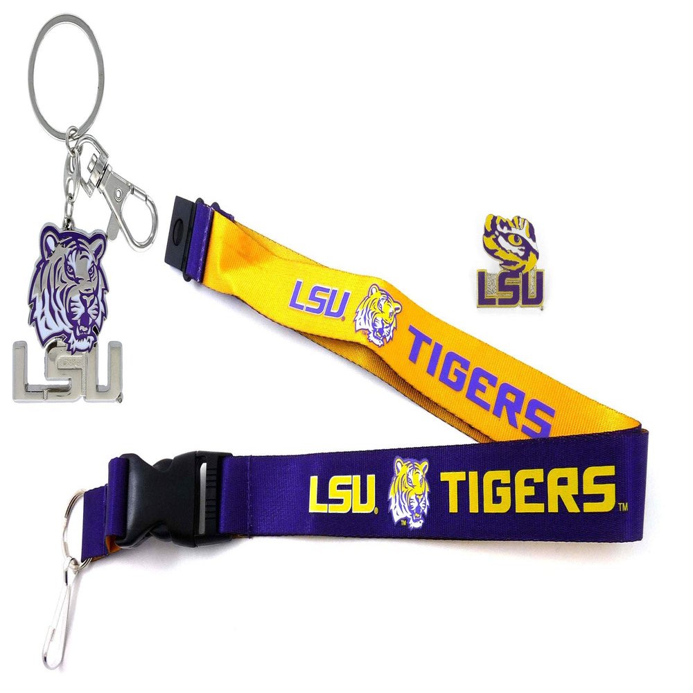aminco NCAA LSU Tigers Team Reversable Lanyard, Logo Lapel Pin, and Metal Keychain Gift Bundle
