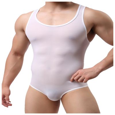YUYANG Mens Bodysuit Jumpsuit Underwear Briefs Singlet Leotard Swimwear Jockstrap (Medium/FIT About Waist 27'', Ultra-Thin ice Silk - White)