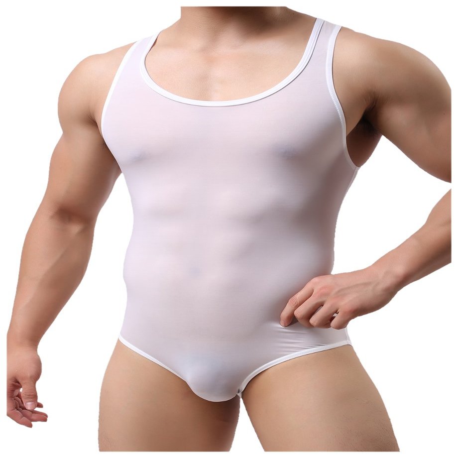 YUYANG Mens Bodysuit Jumpsuit Underwear Briefs Singlet Leotard Swimwear Jockstrap (Medium/FIT About Waist 27'', Ultra-Thin ice Silk - White)