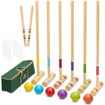 ApudArmis Six Player Croquet Set with Premiun Rubber Wooden Mallets 28In,Colored Ball,Wickets,Stakes - Lawn Backyard Outdoor Game Set for Adults/Teenagers/Family (Large Carry Bag Including)