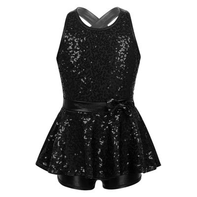 Aislor Kids Girls Sequined Cross Back Waist Bowknot Jazz Hip Hop Modern Dance Dresses Leotards for Stage Performance Black A 6 Years