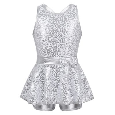 Aislor Kids Girls Sequined Cross Back Waist Bowknot Jazz Hip Hop Modern Dance Dresses Leotards for Stage Performance White A 14 Years
