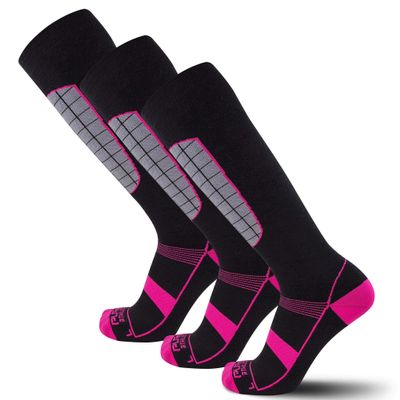 Pure Athlete Alpine Ski Socks Wool Snowboard and Skiing Warm Midweight Socks Merino Men and Women (L/XL, 3 Pairs - Black/Neon Pink)