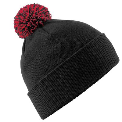 Beechfield Mens Snowstar Duo Winter Knit Beanie Bobble Hat - Black/Classic Red
