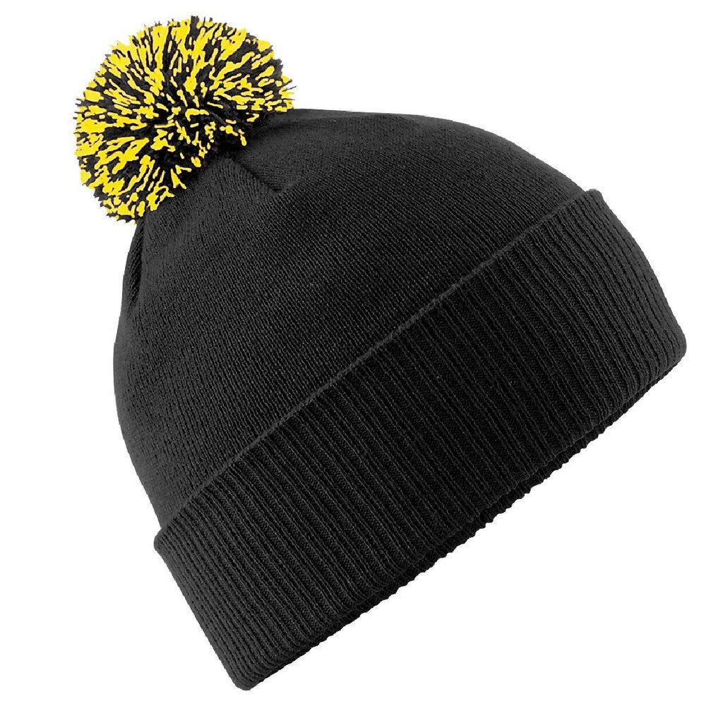 Beechfield Mens Snowstar Duo Winter Knit Beanie Bobble Hat - Black/Yellow