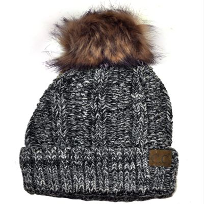 C.C Thick Cable Knit Faux Fuzzy Fur Pom Fleece Lined Skull Cap Cuff Beanie, 3 Tone Gray