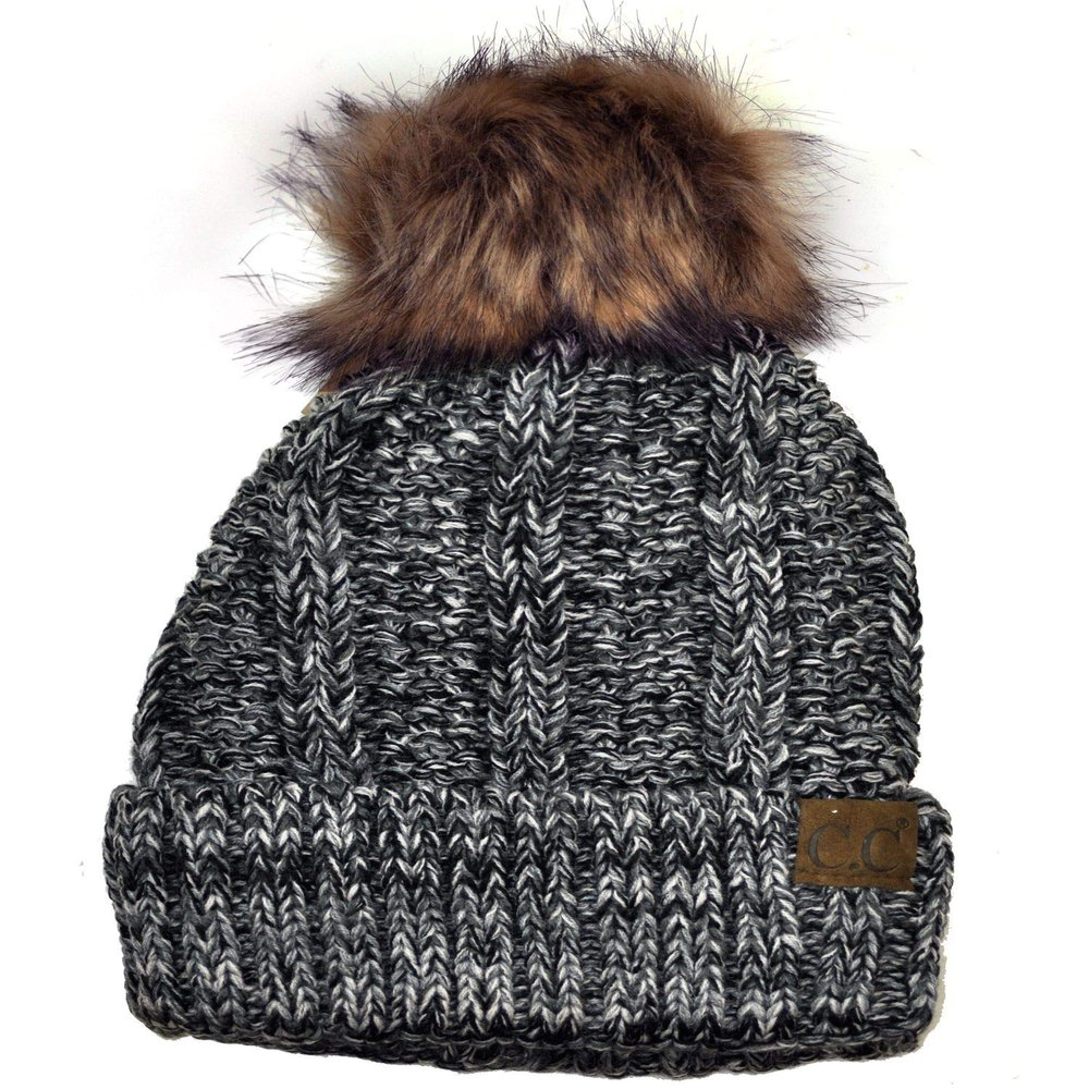 C.C Thick Cable Knit Faux Fuzzy Fur Pom Fleece Lined Skull Cap Cuff Beanie, 3 Tone Gray