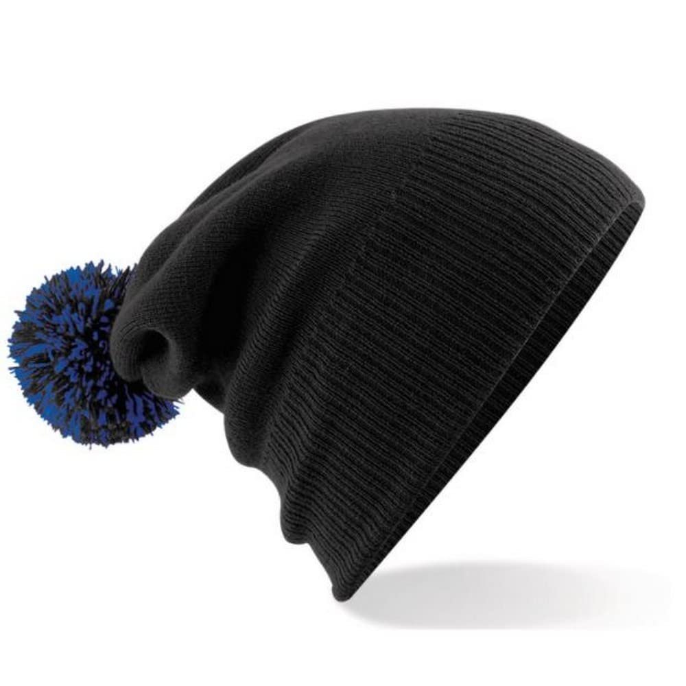 Beechfield Mens Snowstar Duo Winter Knit Beanie Bobble Hat - Black/Bright Royal