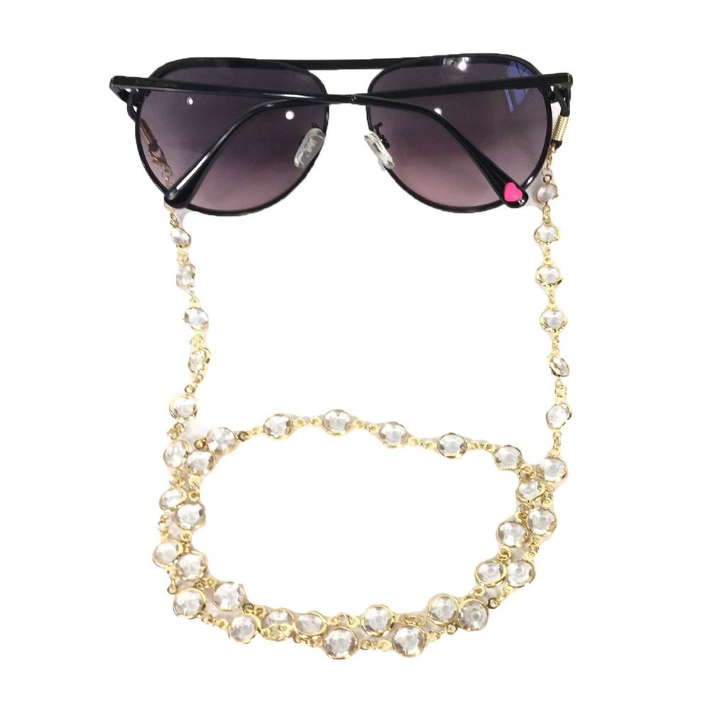 Fashion Culture Gold-Tone Crystal Sunglasses Strap & Mask Holder, Multifunctional Face Mask Chain with Snap Hook & Eyeglass Loops, 28"