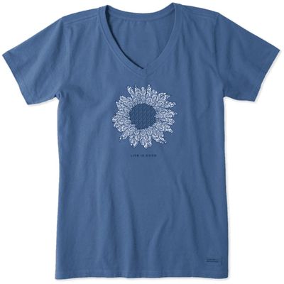 Life is Good. Women's Crusher Vee French Sunflower, Vintage Blue