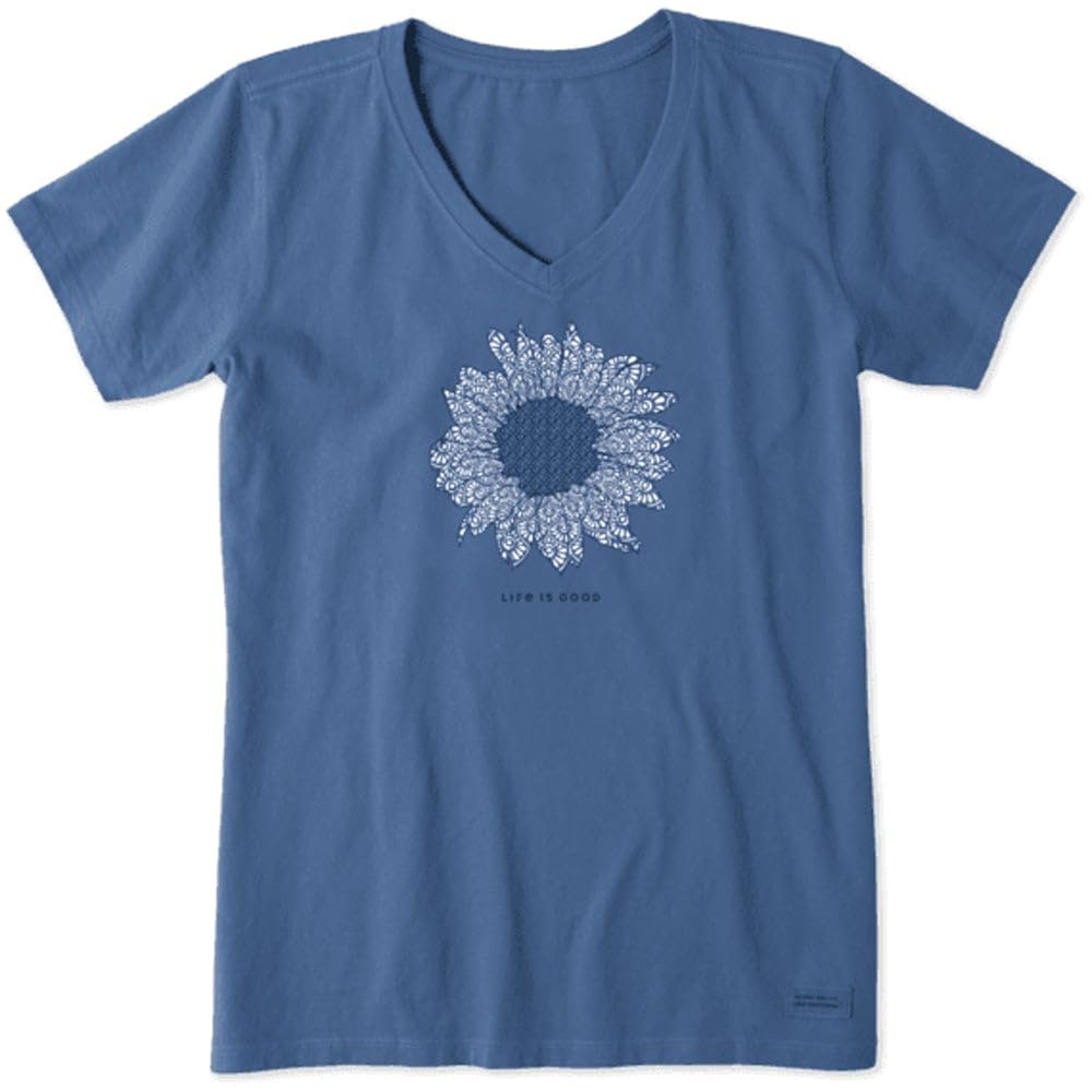 Life is Good. Women's Crusher Vee French Sunflower, Vintage Blue