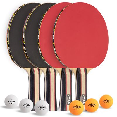 STIGA Performance 4 Player Ping Pong Paddle Set of 4  Table Tennis Rackets, 6  3 Star Orange and White Balls