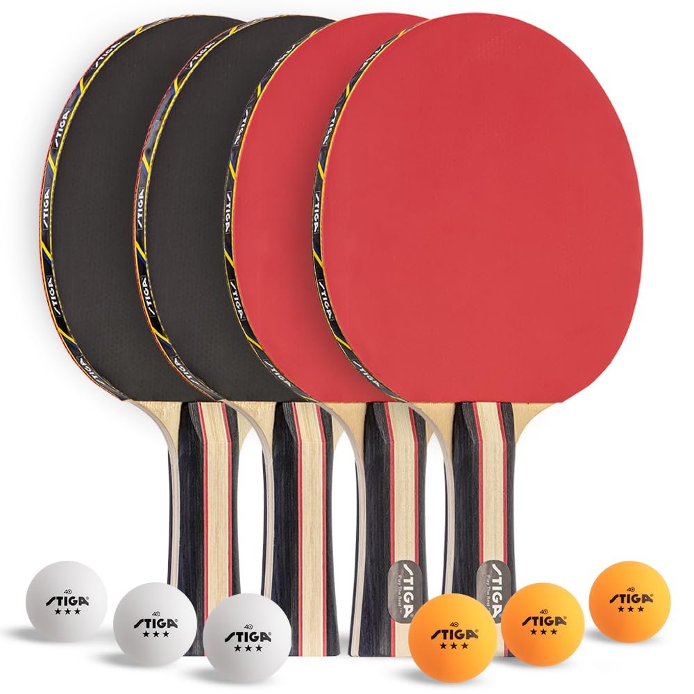STIGA Performance 4 Player Ping Pong Paddle Set of 4  Table Tennis Rackets, 6  3 Star Orange and White Balls