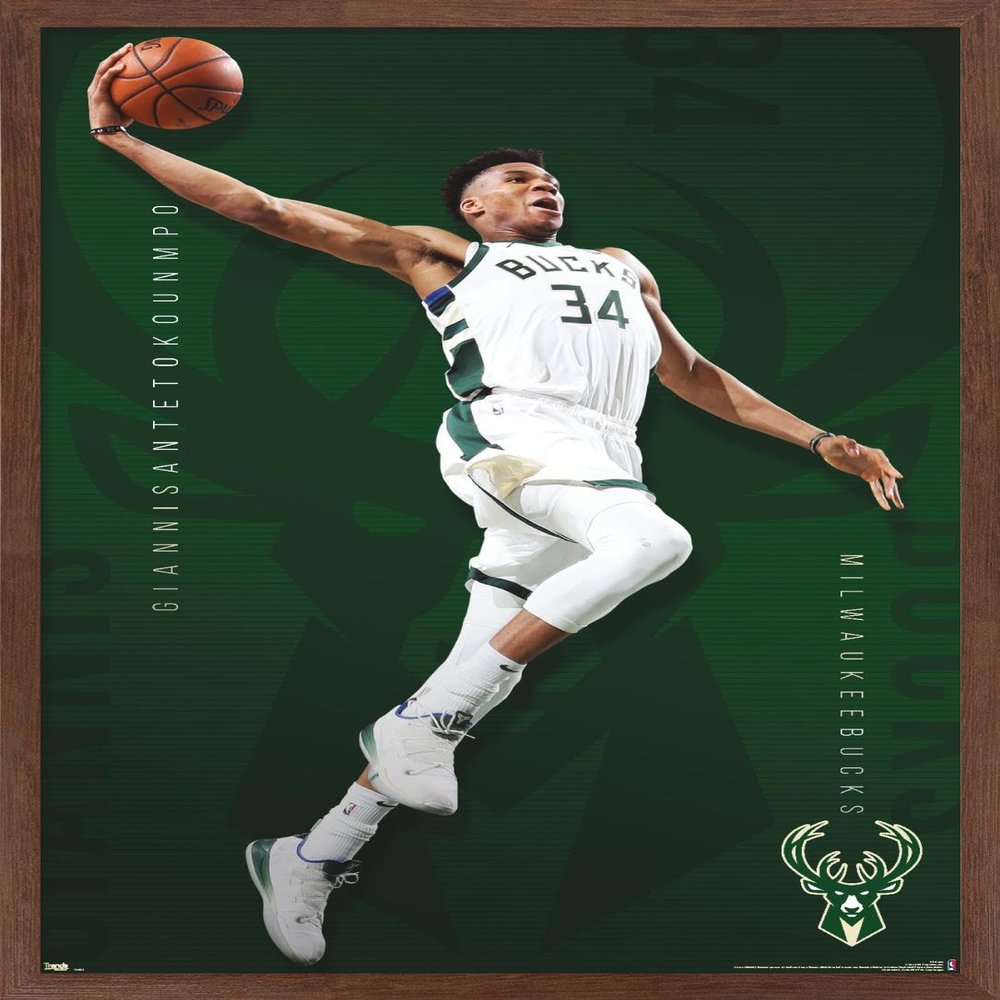 Trends International NBA Milwaukee Bucks - Giannis Antetokounmpo 19 Wall Poster, 22.375" x 34", Mahogany Framed Version