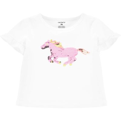 Carter's Girl's Ruffled Short Sleeve Sequin Tee (12 Months, White Horse)