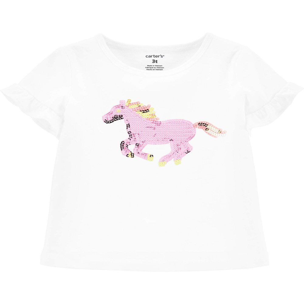 Carter's Girl's Ruffled Short Sleeve Sequin Tee (12 Months, White Horse)