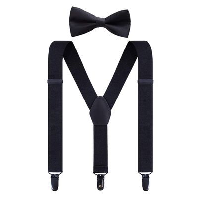 Pretishows Kids Suspenders and Bow Tie Set Black Adjustable Trendy Suspender for Boys