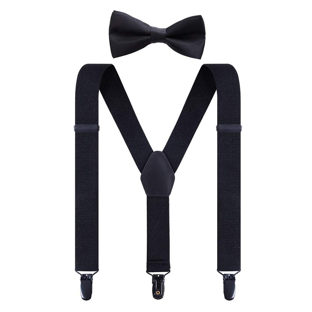 Pretishows Kids Suspenders and Bow Tie Set Black Adjustable Trendy Suspender for Boys