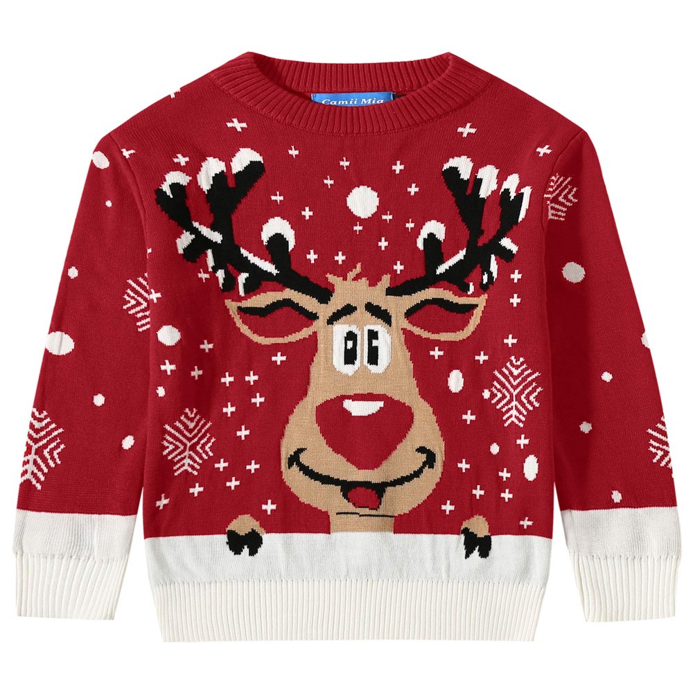 Camii Mia-Youth-Big-Boys-Ugly-Christmas-Sweater-Funny Holiday Sweater Reindeer Pullover Knitted Cute Lightweight (Large, Dark Red)