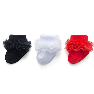 EPEIUS 3 Pairs Baby-Girls Eyelet Turn Cuff Ruffle Frilly Lace Socks Toddlers Girls Triple Lace Dressy Socks Gift Box Black/White/Red 3-5 Years