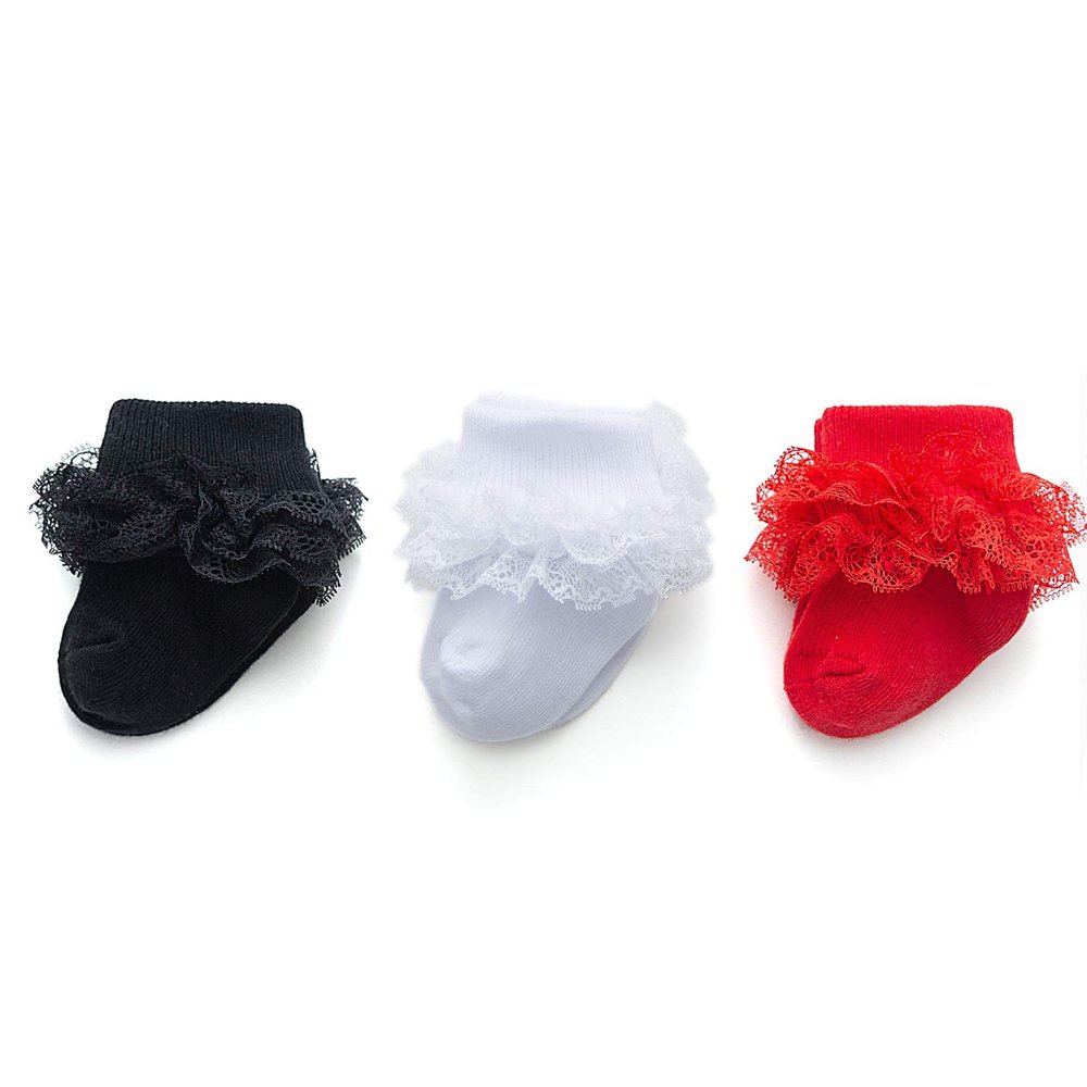 EPEIUS 3 Pairs Baby-Girls Eyelet Turn Cuff Ruffle Frilly Lace Socks Toddlers Girls Triple Lace Dressy Socks Gift Box Black/White/Red 3-5 Years