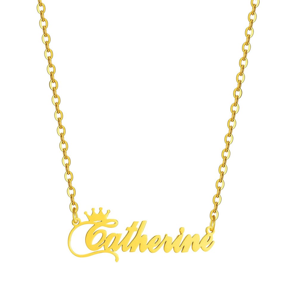 SKQIR Gold Custom Women Name Necklace Personalized, Customized Chains Name Pendants Necklaces Personalized Name Necklace with Crown for Women Girl Gift,Catherine Necklace