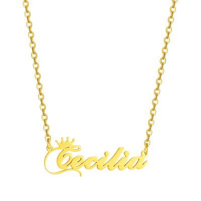 SKQIR Gold Custom Women Name Necklace Personalized, Customized Chains Name Pendants Necklaces Personalized Name Necklace with Crown for Women Girl Gift,Cecilia Necklace