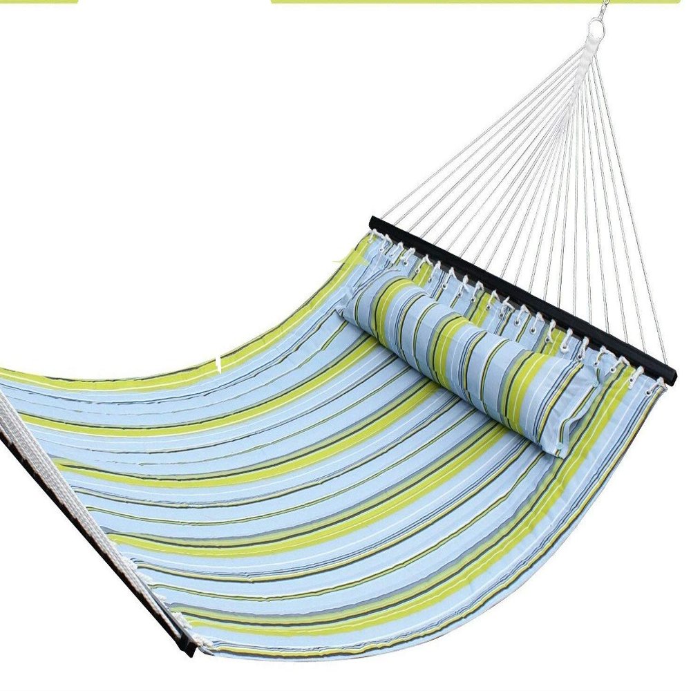 Thaisan7 Fabric Double Hammock Bar Swing Spreader Cottons Pillow for Outdoor Home Garden Improvment Decor - 75" X 55" Bed Length, Blue Stripe