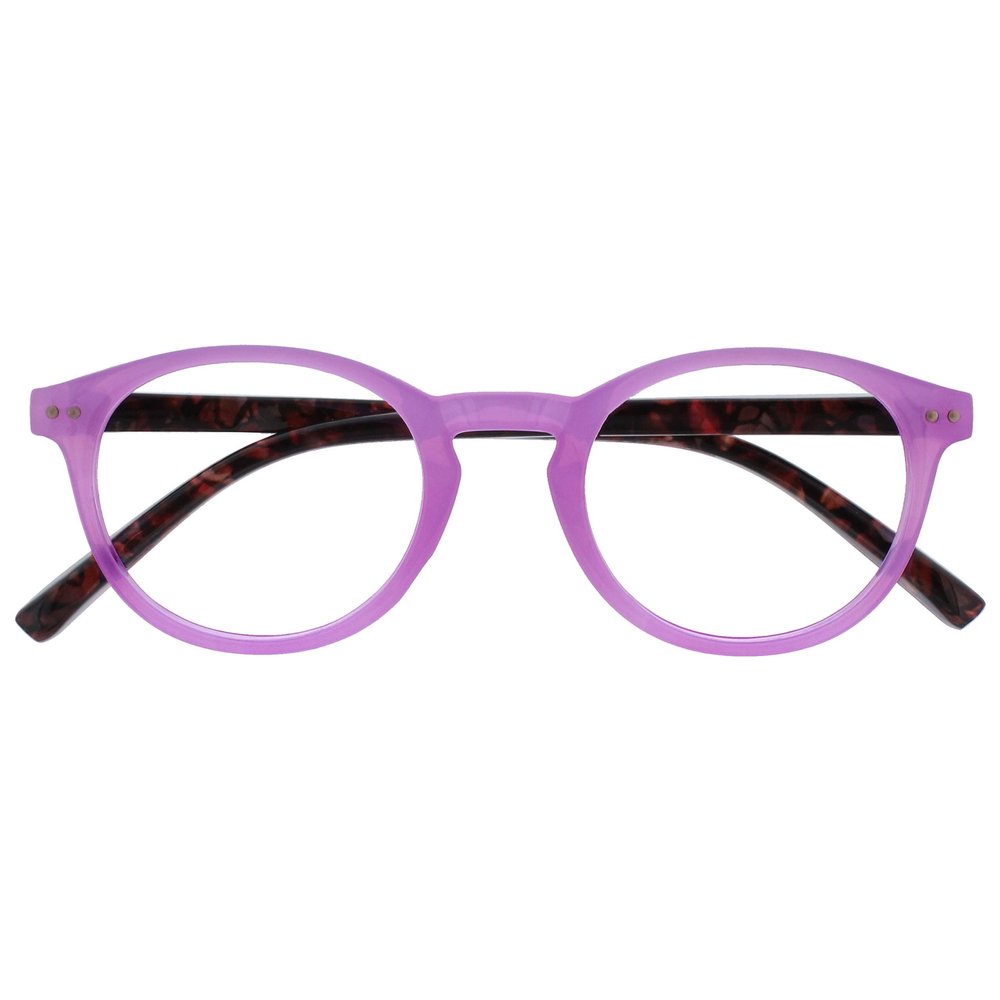 OPULIZE ZEN Reading glasses for Women Men,Scratch Resistant Round frame with Spring Hinges, Shiny Pink Front with Dark Violet Pattern Arms +2 (Pack of 1)