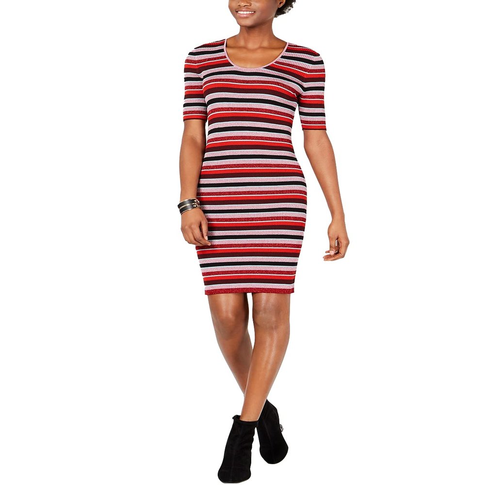 Bar III Women's Metallic Striped Sweater Dress (Red Ash, Medium)