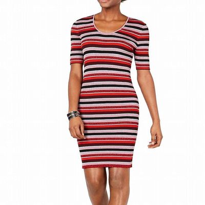 bar III Womens Metallic Striped Sweaterdress Red XS