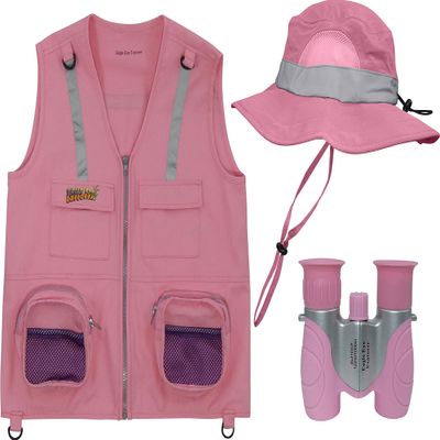 Eagle Eye Explorer Multi-Piece Set Cargo Vest with Reflective Safety Straps, 1 8x21 Magnification Binoculars and Safari Hat for Boys and Girls (Medium/Large, Pink Vest, Pink Hat, Pink Binoculars)