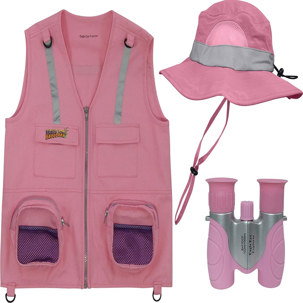 Eagle Eye Explorer Multi-Piece Set Cargo Vest with Reflective Safety Straps, 1 8x21 Magnification Binoculars and Safari Hat for Boys and Girls (Medium/Large, Pink Vest, Pink Hat, Pink Binoculars)