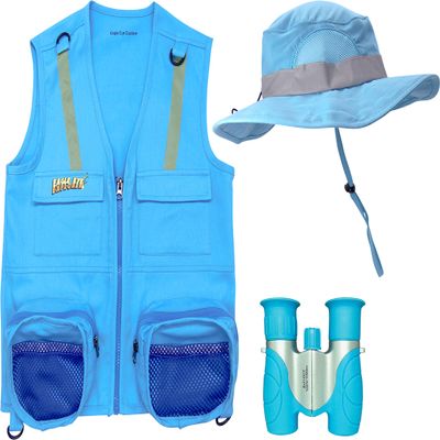 Eagle Eye Explorer Multi-Piece Set Cargo Vest with Reflective Safety Straps, 1 8x21 Magnification Binoculars and Safari Hat for Boys and Girls (Medium/Large, Light Blue Vest, Hat and Binoculars)