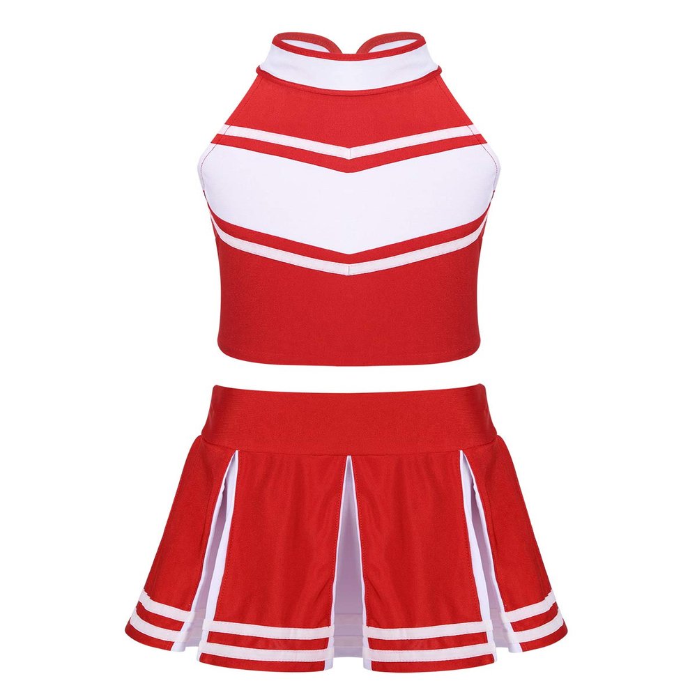 Aislor Girls Kids Cheer Leading Outfits School Cosplay Party Suit Shell Tops with Pleated Skirt Set Red&White E 10