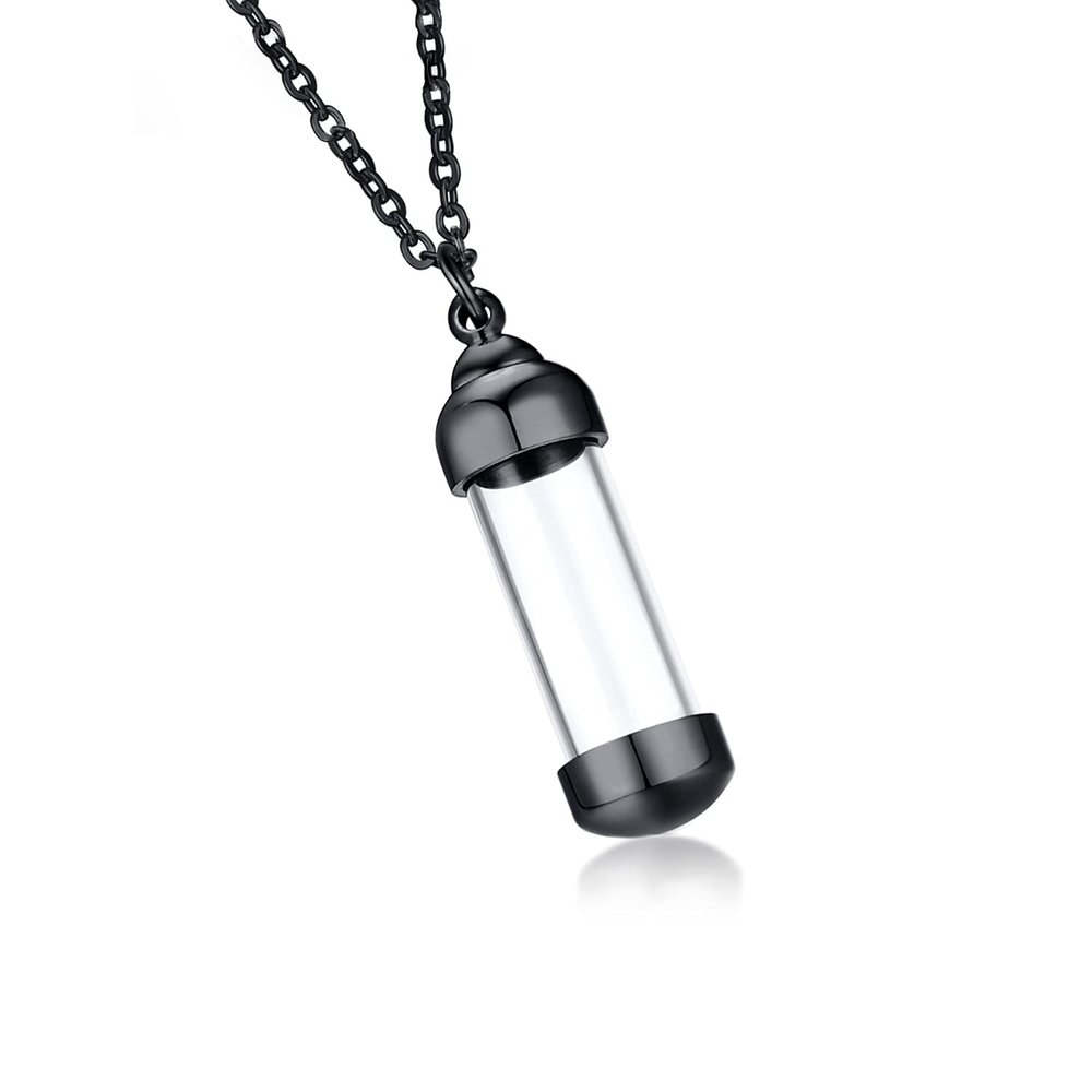 Stainless Steel Glass Cremation Urn Pendant, Ashes Holder Memorial Pendant Necklace with Chain, Keepsake Jewelry for Men Women,Black