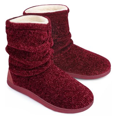 LongBay Women's Chenille Knit Bootie Slippers Cute Plush Fleece Memory Foam House Shoes (Medium / 7-8 B(M), Wine Red)