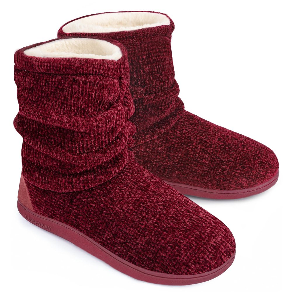 LongBay Women's Chenille Knit Bootie Slippers Cute Plush Fleece Memory Foam House Shoes (Medium / 7-8 B(M), Wine Red)