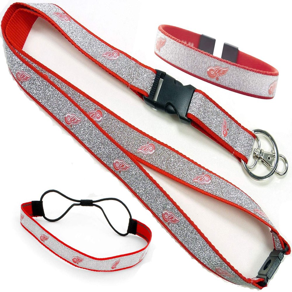 NHL Detroit Red Wings Sparkle Girls Lanyard, Elastic Headband and Bracelet Gift Bundle
