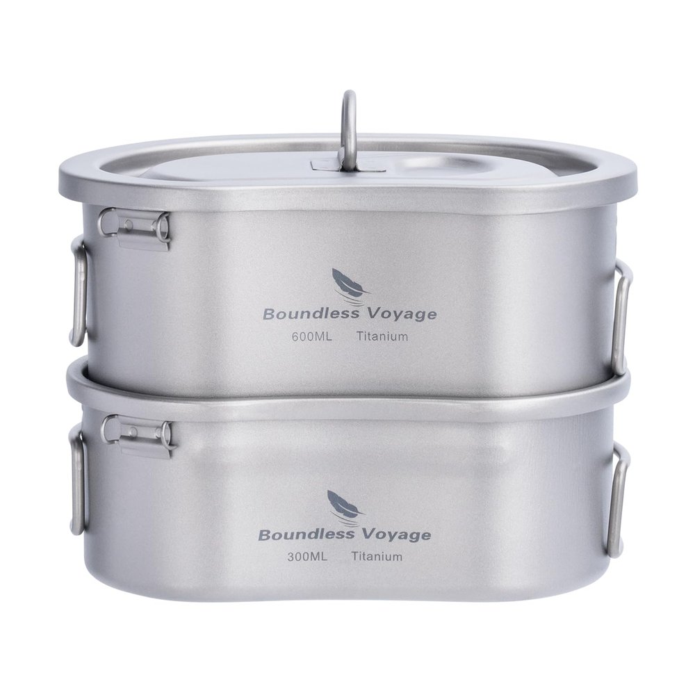 Boundless Voyage Titanium Camping Pots Set with Hanging Ring Ultralight Portable Bowl Picnic Cookware Titanium Canteen Mess kit for Outdoor Hiking Backpacking Mountaineering Ti15123B