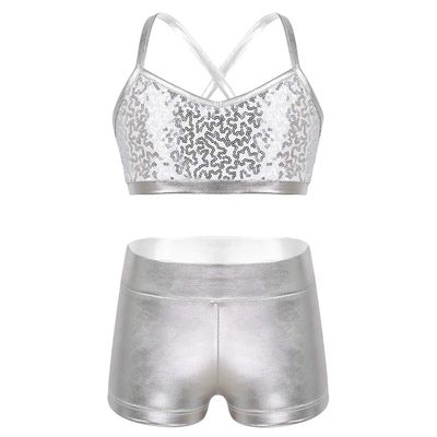 CHICTRY Child Girls Activewear Sequins Mermaid Tank Top & Shorts Set for Gymnastics Leotard Dancing (Sequins Sliver, 7-8)