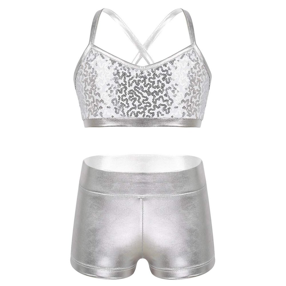 CHICTRY Child Girls Activewear Sequins Mermaid Tank Top & Shorts Set for Gymnastics Leotard Dancing (Sequins Sliver, 8-10)