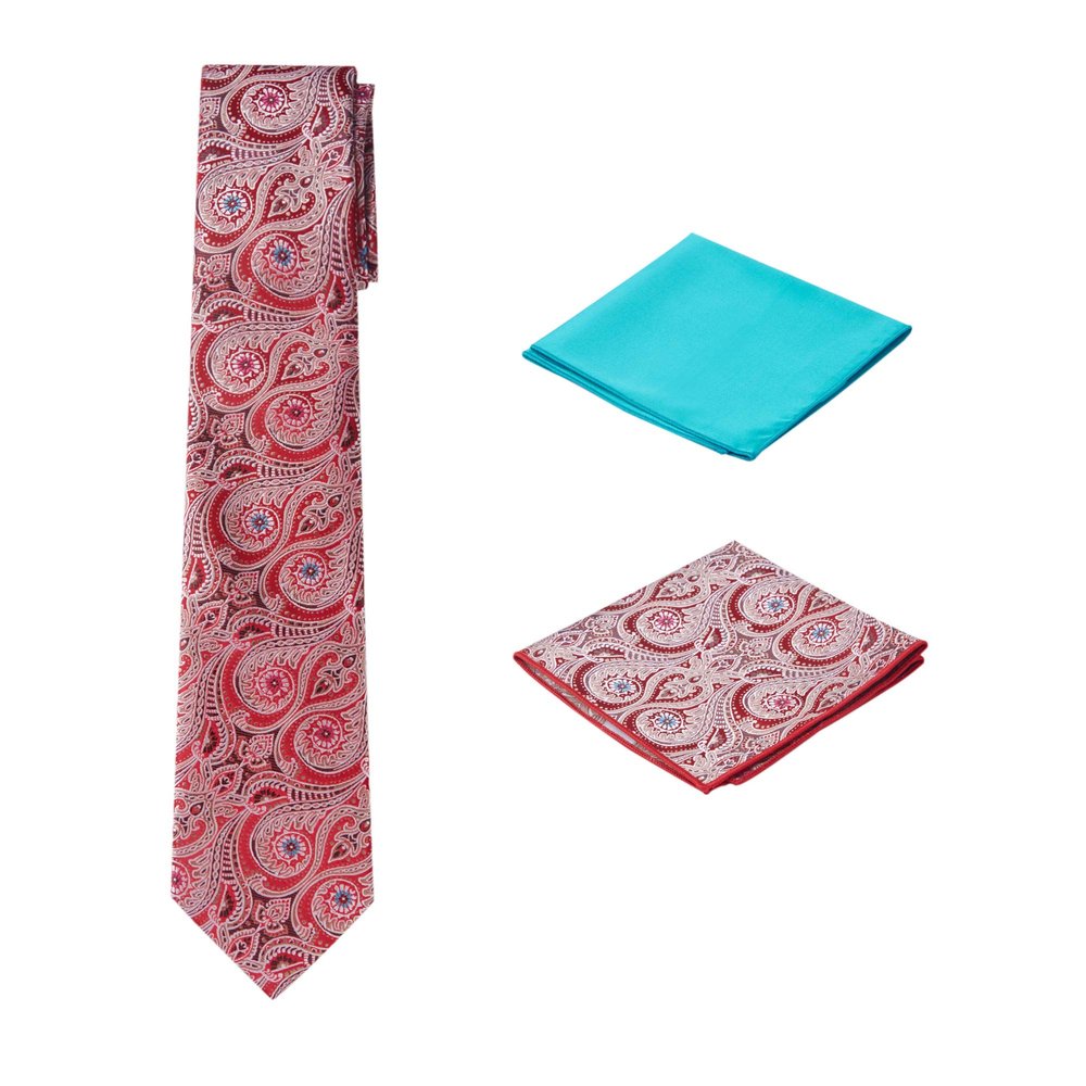 Men's Woven Paisley Regular Length Neck Tie with 2 Handkerchief Pocket Squares Hanky Set - Red Teal Blue