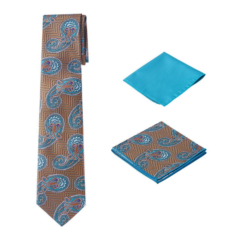 Men's Woven Paisley Regular Length Neck Tie with 2 Handkerchief Pocket Squares Hanky Set - Tan Aqua