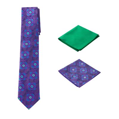Men's Woven Medallion Regular Length Neck Tie with 2 Handkerchief Pocket Squares Hanky Set - Purple Blue Green