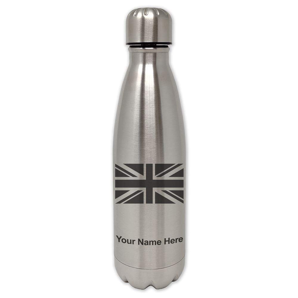 LaserGram Single Wall Stainless Steel Water Bottle, Flag of Great Britain, Personalized Engraving Included