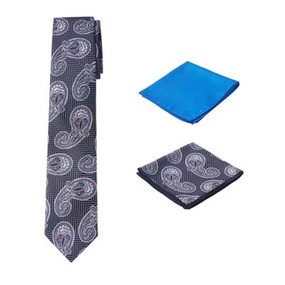 Men's Woven Paisley Regular Length Neck Tie with 2 Handkerchief Pocket Squares Hanky Set - Black Blue