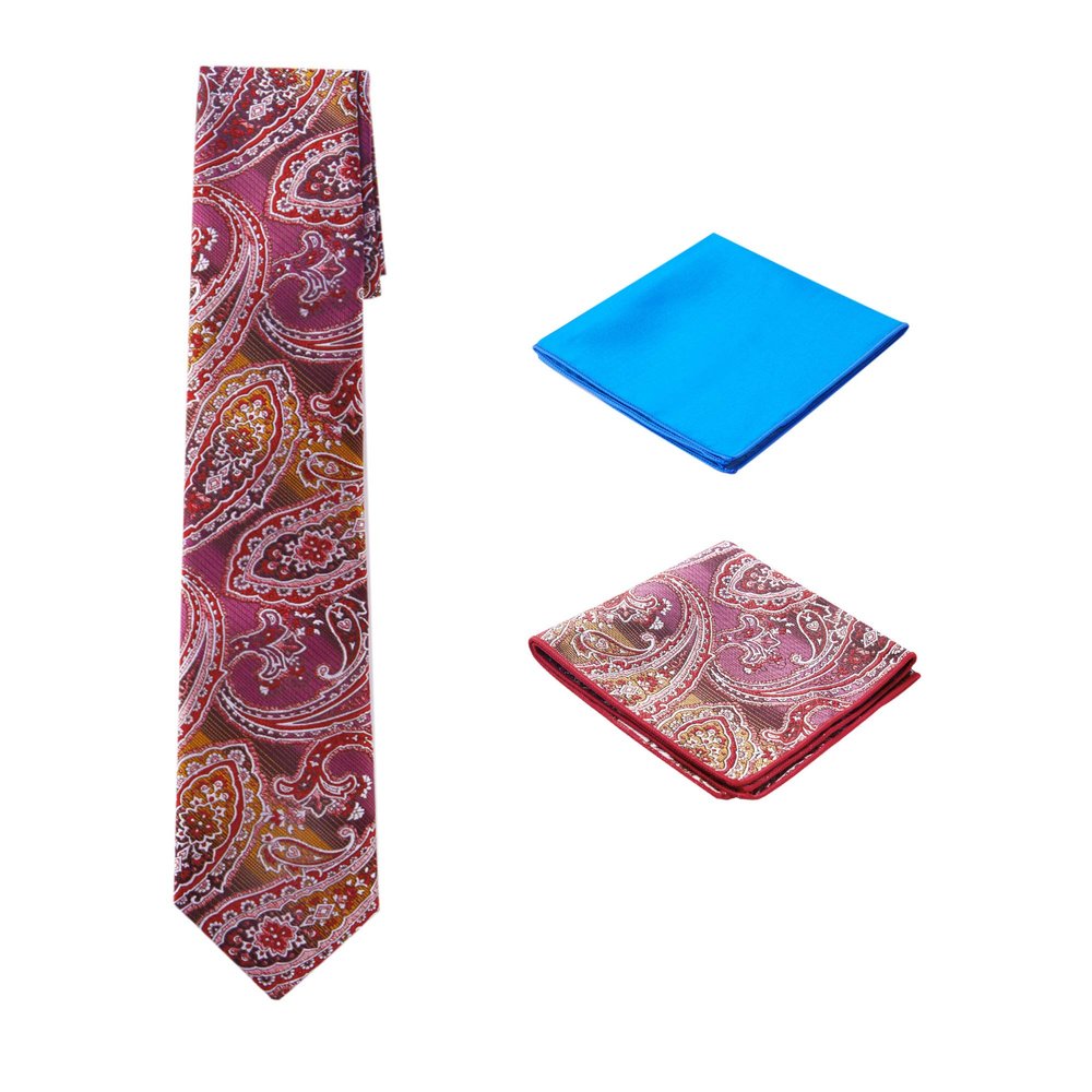 Jacob Alexander Men's Woven Paisley Regular Length Neck Tie with 2 Handkerchief Pocket Squares Hanky Set - Burgundy Brown Blue