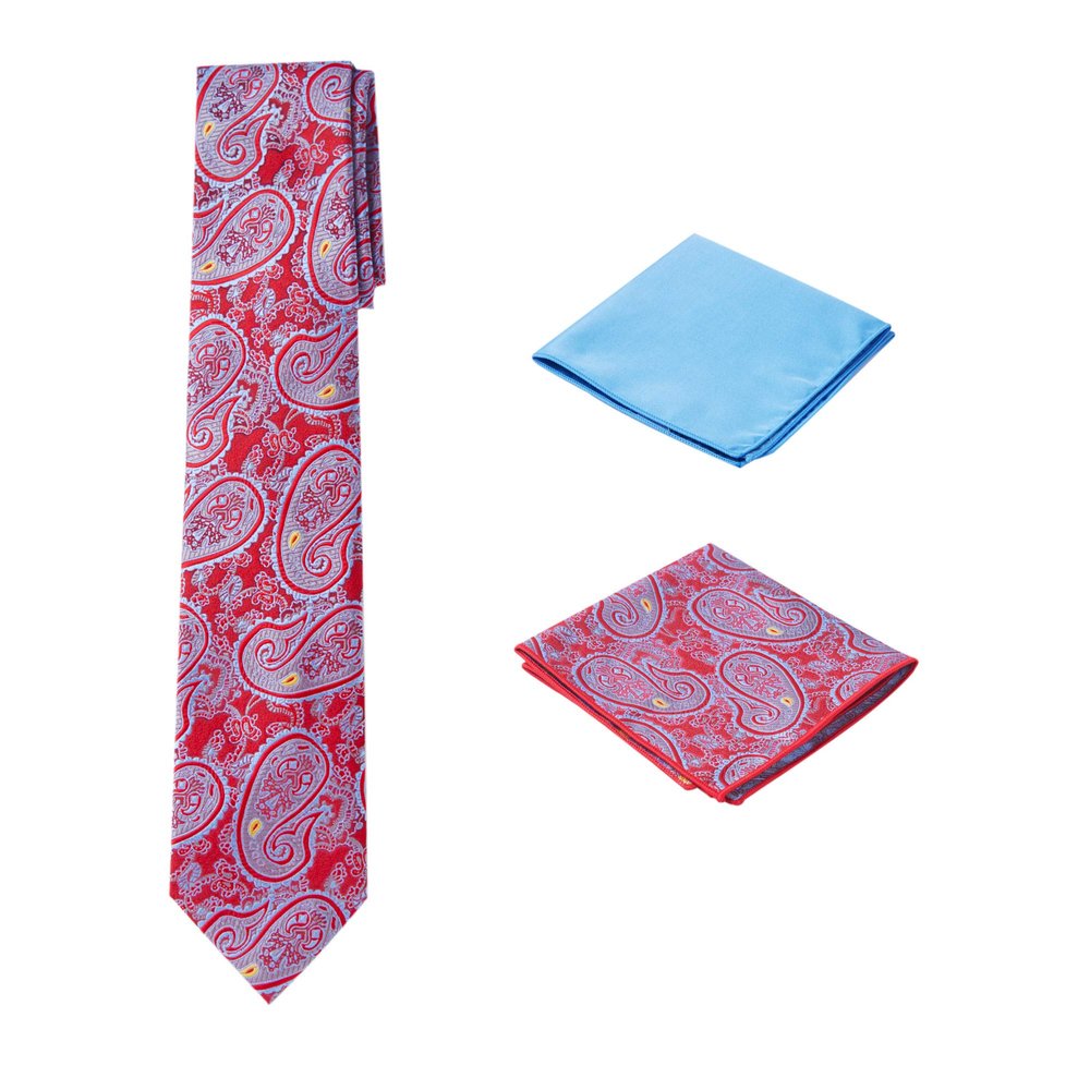 Men's Woven Paisley Regular Length Neck Tie with 2 Handkerchief Pocket Squares Hanky Set - Red Light Blue Wine