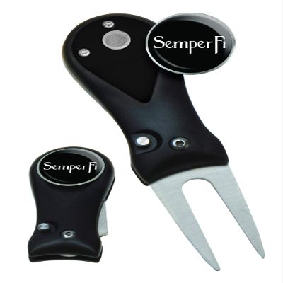 Clip Wipes Marines USMC Military Switchblade Style Divot Tool (Black-Semper)